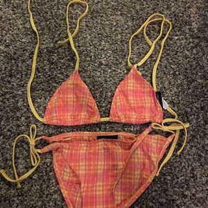 No Boundaries Pink and Yellow Plaid Triangle Bikini Set